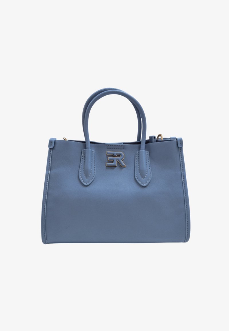 Borsa a mano blu chiaro realizzata in materiale sintetico liscio. Presenta due manici rotondi e un accento logo dorato sul davanti.