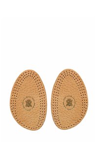 Leather insoles with a perforated design, oval shape, and natural tan color. Features a logo printed at the center.