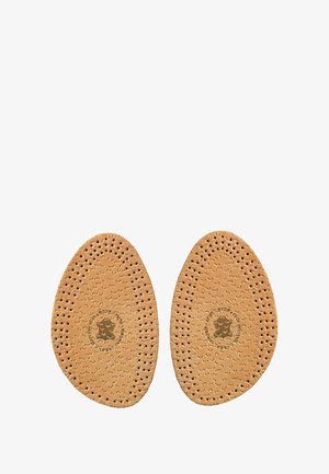 Usnjeni vložki s perforirano zasnovo, ovalne oblike in naravne rjave barve. V sredini je natisnjen logotip.