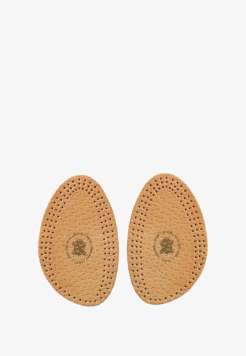Leather insoles with a perforated design, oval shape, and natural tan color. Features a logo printed at the center.