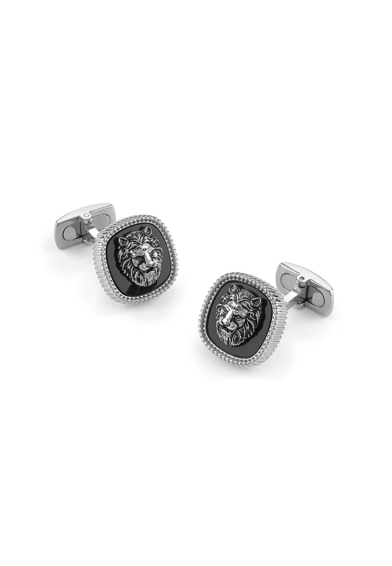 Gemelli in argento con inserti quadrati neri che presentano un design di testa di leone in rilievo, bordati da un bordo texturizzato per un dettaglio aggiuntivo.