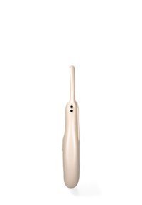 Beige handapparaat met een slank profiel, ronde hoeken en een gladde afwerking. Heeft twee kleine gaatjes en een knop aan de zijkant.