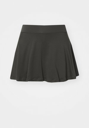 Melna plandoša svārki, kas izgatavoti no viegla auduma, ar gludu elastīgu jostasvietu, apdari malās un mīkstu tekstūru.