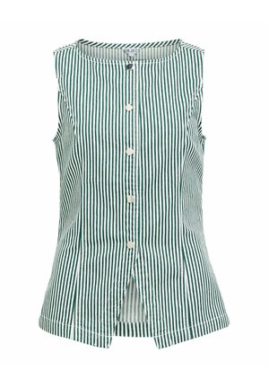 Bluză fără mâneci, cu dungi verticale verde și albe, decolteu rotund și cinci nasturi în față, tiv ușor evazat cu deschizătură centrală.