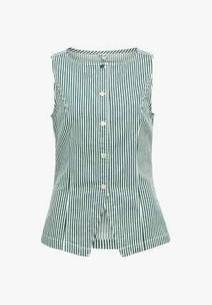 Blouse sans manches à rayures verticales vertes et blanches, encolure ronde et cinq boutons sur le devant, ourlet légèrement évasé avec fente centrale.