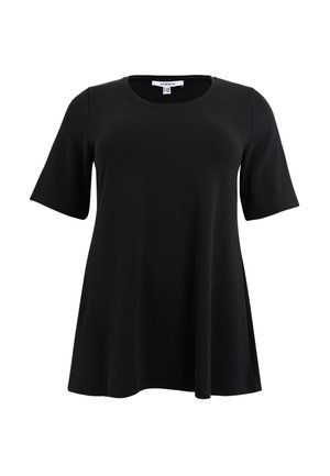 Black short-sleeve t-shirt with a round neckline, relaxed fit, and smooth fabric, featuring a slight flare at the bottom hem.