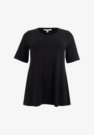 Sort T-shirt med korte ærmer, rund halsudskæring, afslappet pasform og glat stof, med en let udvidelse ved nederste kant.