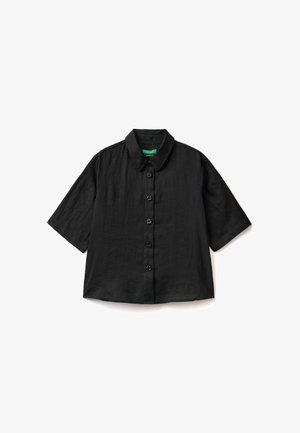 Zwarte short-sleeve shirt van een lichte stof met een kraag, voorzien van een knoopsluiting aan de voorkant en een relaxed fit.