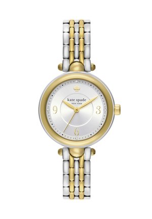 Orologio da polso rotondo Kate Spade con cinturino a maglie dorate e argentate, quadrante bianco, lancette dorate e indicatori di cristallo a ore 12, 3, 6 e 9.