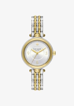 Orologio da polso rotondo Kate Spade con cinturino a maglie dorate e argentate, quadrante bianco, lancette dorate e indicatori di cristallo a ore 12, 3, 6 e 9.