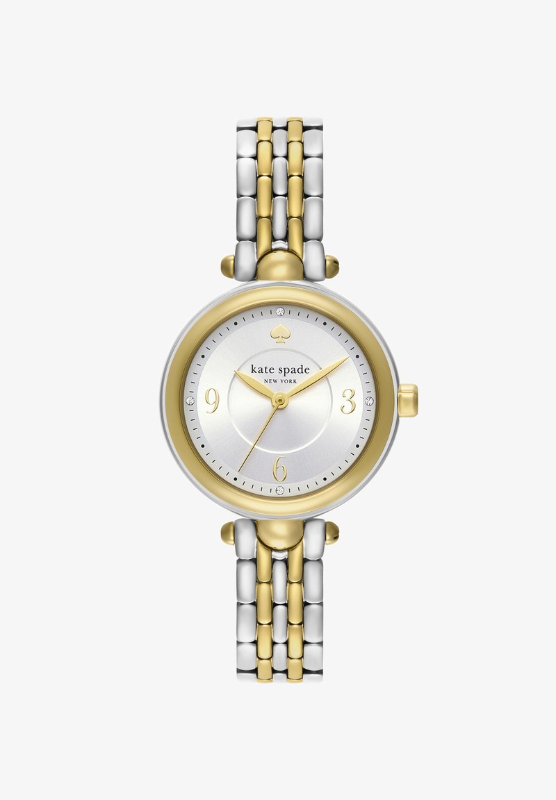 Montre-bracelet ronde Kate Spade avec bracelet à maillons dorés et argentés, cadran blanc, aiguilles dorées et repères en cristal à 12h, 3h, 6h et 9h.