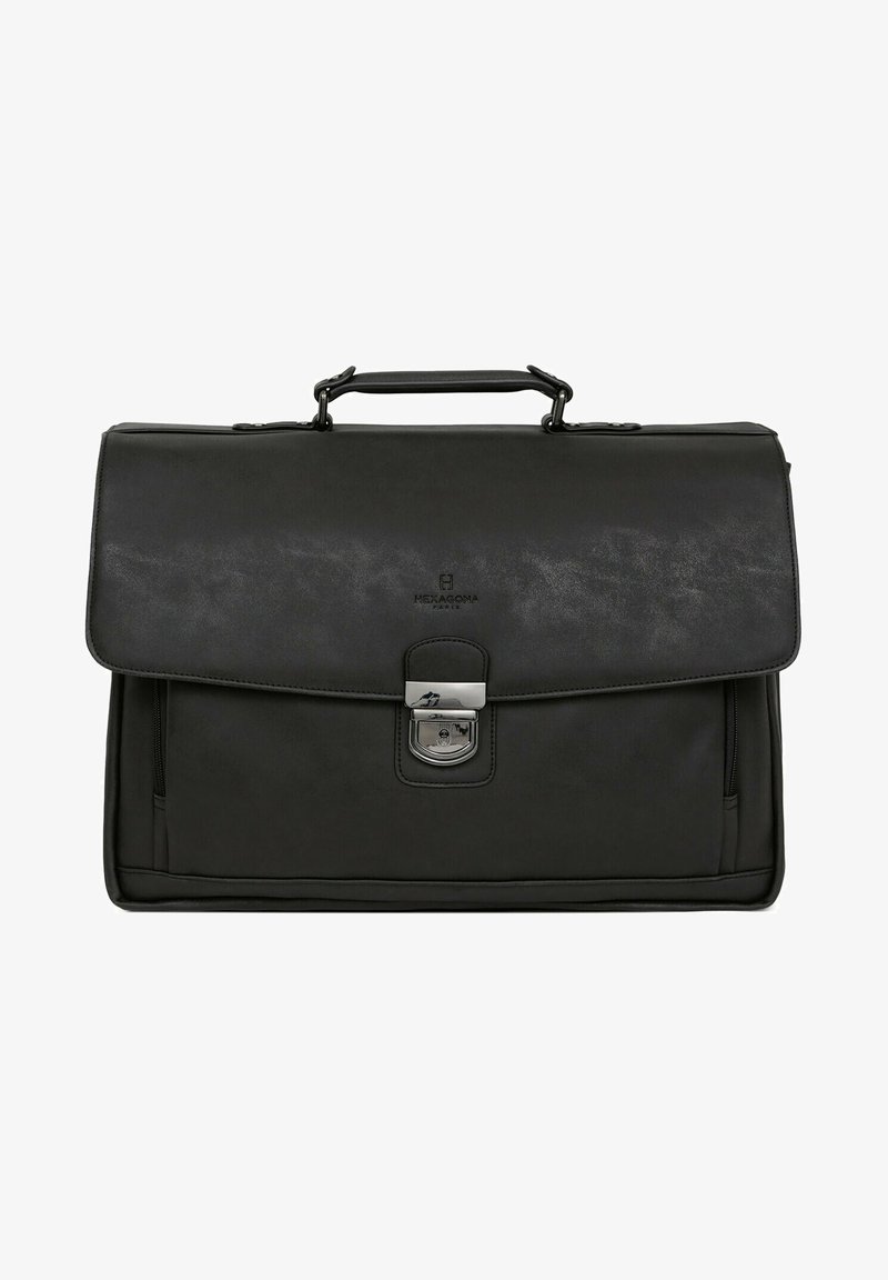 Black leather briefcase with a glossy finish, metal clasp, and handle. Features a front pocket and subtle branding on the flap.