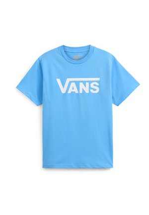 Jasnoniebieska bawełniana koszulka z krótkim rękawem i okrągłym dekoltem, z dużym białym logo "VANS" na froncie.