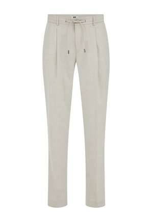 Lichtbeige op maat gemaakte broek met voorplooien, taille met trekkoord, ceintuurlussen en smalle taps toelopende pijpen.