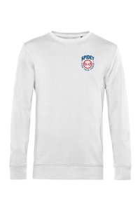 Sudadera blanca de manga larga hecha de algodón, con cuello redondo. Presenta un gráfico y texto en azul y rojo que dice "SPIDEY" en el pecho.
