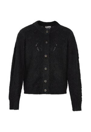 Czarny dzianinowy kardigan z okrągłym dekoltem, długimi rękawami i zapięciem na guziki z przodu. Posiada teksturowany wzór i pięć ozdobnych guzików.