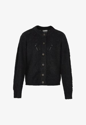 Czarny dzianinowy kardigan z okrągłym dekoltem, długimi rękawami i zapięciem na guziki z przodu. Posiada teksturowany wzór i pięć ozdobnych guzików.