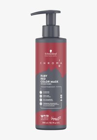 Schwarzkopf ChromaID Ruby Red Color Mask in een rood-grijze fles met pompdispenser en minimale tekst, 300 ml, vegan formule, PETA-goedgekeurd.