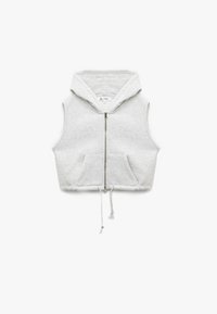 Graue, kurz geschnittene Kapuzenjacke mit durchgehendem Reißverschluss, ärmellosem Design, großen Fronttaschen, Kordelzug am Saum, aus weichem Baumwollmix.