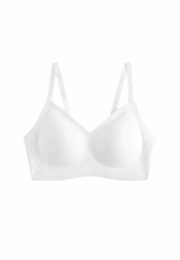 Witte beha met zachte cups, verstelbare dunne bandjes en geribbeld detail langs de band voor ondersteuning. Gladde stof met een matte afwerking.