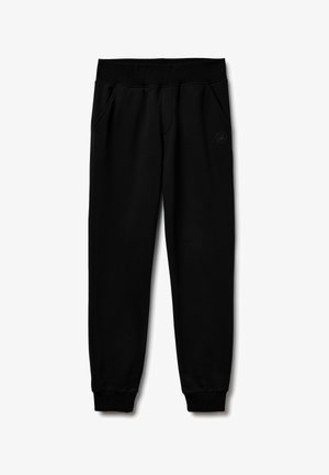Zwarte joggingbroek met een zachte textuur, voorzien van een brede elastische tailleband, twee zijzakken en geribbelde boorden bij de enkels. Logo op de zak.