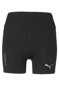 Pantaloni sportivi neri realizzati in materiale elastico. Presentano una vita alta, cuciture piatte e un piccolo logo riflettente sul lato sinistro in basso.
