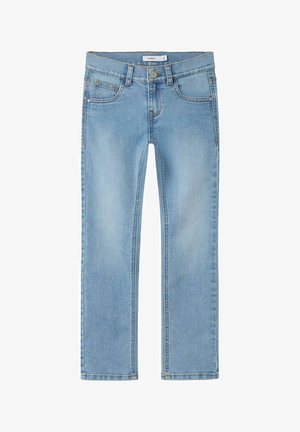 Light blue denim jeans featuring a classic straight cut, five pockets, and a front button closure with contrasting stitching details.