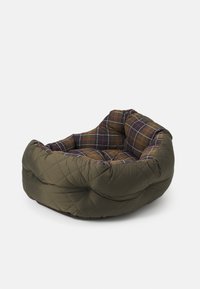 Pet bed with an olive green quilted exterior and a plaid interior featuring brown, orange, and red lines. Soft, round shape for comfort.