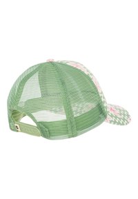 Grüne Netz-Baseballmütze mit einem gemusterten Vorderteil, das pinke Blumenakzente aufweist und einem einfarbigen grünen Schirm. Verstellbarer Riemen hinten.