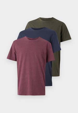 Drei angezeigte Baumwoll-T-Shirts: kastanienbraun, marineblau und olivgrün. Rundhalsdesign, kurze Ärmel und eine weiche, strukturierte Oberfläche.