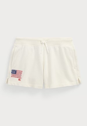 Cremefarbene Shorts aus Baumwollmischung mit seitlichen Schlitzen, ausgestattet mit einem Aufnäher der amerikanischen Flagge und bestickten Initialen "RL" am linken Bein.