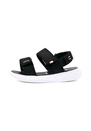 Sandal sportivo regolabile bianco e nero con due cinturini e suola imbottita, progettato per un uso casual.
