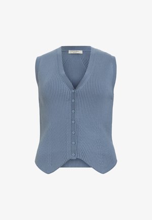 Helles blaues gestricktes Top mit einem tiefen V-Ausschnitt, das eine Knopfverschlussleiste an der Vorderseite aufweist und eine gerippte Textur sowie einen leicht abgerundeten Saum hat.