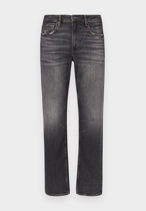 Donkere grijze denim jeans voor mannen met rechte pijpen, lichte vervaging en klassiek ontwerp met vijf zakken, afgebeeld tegen een witte achtergrond.