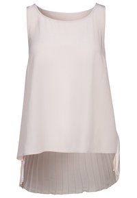 Ljusrosa ärmlös topp, slät framtyg, plisserad rygg, rundad halsringning, sidoflikar för rörelsefrihet. Avslappnad, flödande silhuett.