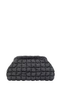 Musta, pehmendatud lemmikloomade voodi, millel on õmmeldud, tekstureeritud pind ja kontuuritud kuju, tõstetud servadega toetuseks ja mugavuseks.