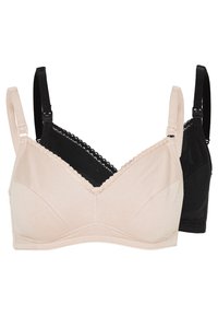 Conjunto de sutiã sem fios em bege e preto. Tecido macio, design em v, alças ajustáveis e detalhes em renda ao longo da gola.
