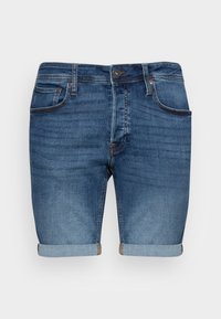 Blå denimshorts med uppladdade fållar, framknapp och dragkedja, samt femficksdesign.