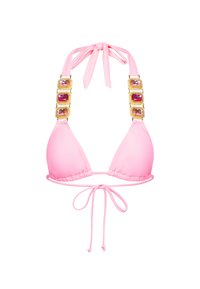 Rosa bikiniöverdel i en mjuk tyg med justerbara snören, med dekorerade remmar prydda med mångfärgade juveler i en guldinställning.