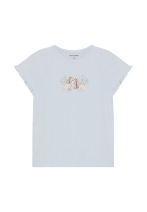 Maglietta azzurro chiaro con maniche corte arricciate, presenta un motivo ricamato al centro con due cavallucci marini e conchiglie.