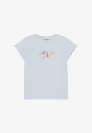 T-shirt bleu clair à manches courtes à volants, avec un motif brodé de deux hippocampes et de coquillages au centre.