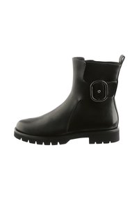 Black leather ankle boot with a rounded toe, chunky rubber sole, and a silver buckle detail on the side. Smooth texture with minimal stitching.