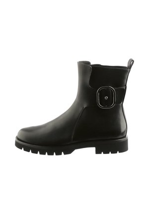 Black leather ankle boot with a rounded toe, chunky rubber sole, and a silver buckle detail on the side. Smooth texture with minimal stitching.