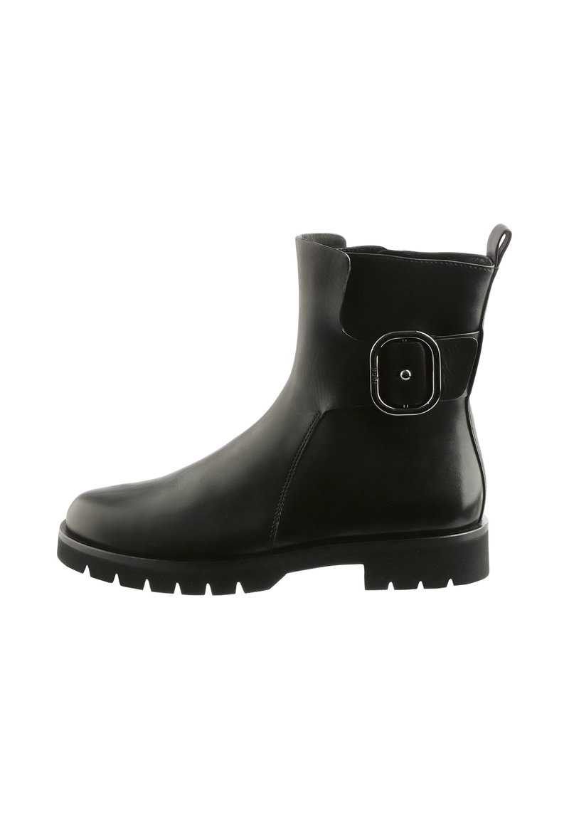 Black leather ankle boot with a rounded toe, chunky rubber sole, and a silver buckle detail on the side. Smooth texture with minimal stitching.