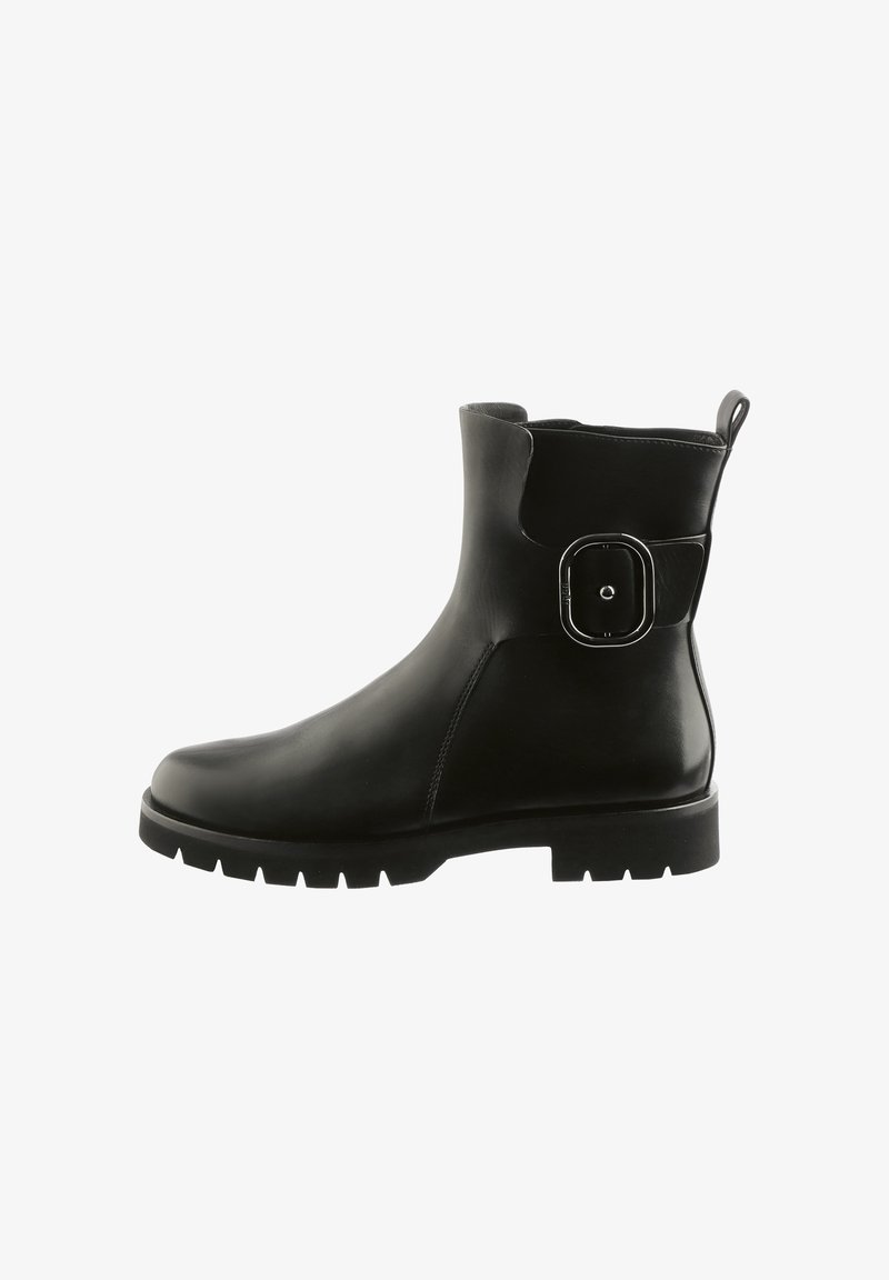 Black leather ankle boot with a rounded toe, chunky rubber sole, and a silver buckle detail on the side. Smooth texture with minimal stitching.