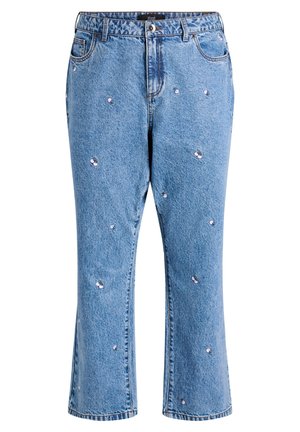 Jasnoniebieskie dżinsowe spodnie capri z różowym haftem w kwiaty, pięć kieszeni, prosty krój nogawki. Zapięcie na guzik w talii.