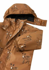 Brown jacket with a hood, featuring a pattern of deer silhouettes. Made from smooth material with elastic cuffs and a zippered front.