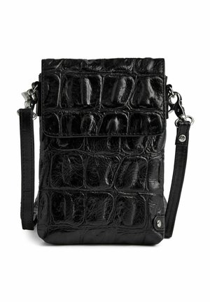 Black leather crossbody bag with a textured crocodile pattern, flap closure, adjustable strap, and silver-tone hardware accents.
