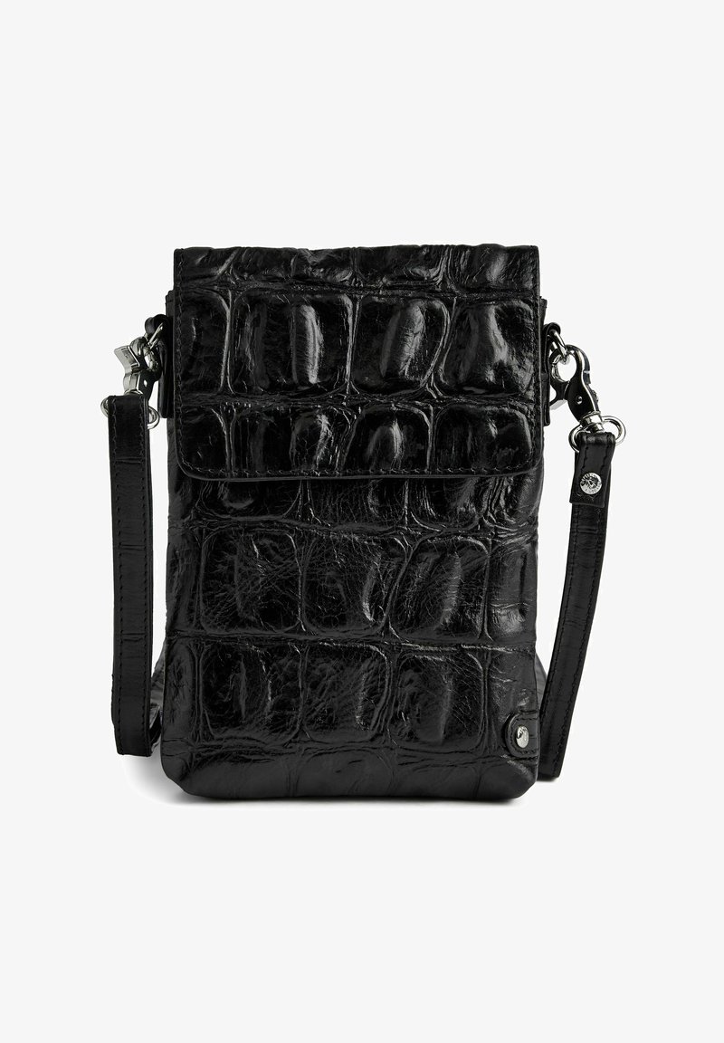 Fekete bőr válltáska, texturált krokodilmintával, fedélzárással, állítható pánttal és ezüstszínű fém díszítésekkel.