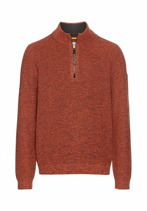 Gestrickter Reißverschluss-Pullover in meliertem Rostorange mit einem gerippten Kragen und subtiler Textur. Verfügt über einen Reißverschluss bis zur halben Länge und eine Seitentasche.